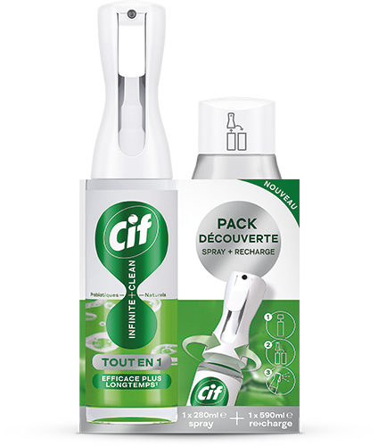 SPRAY INFINITE CLEAN TOUT EN UN
NETTOYAGE SANS EFFORTS + RECHARGE