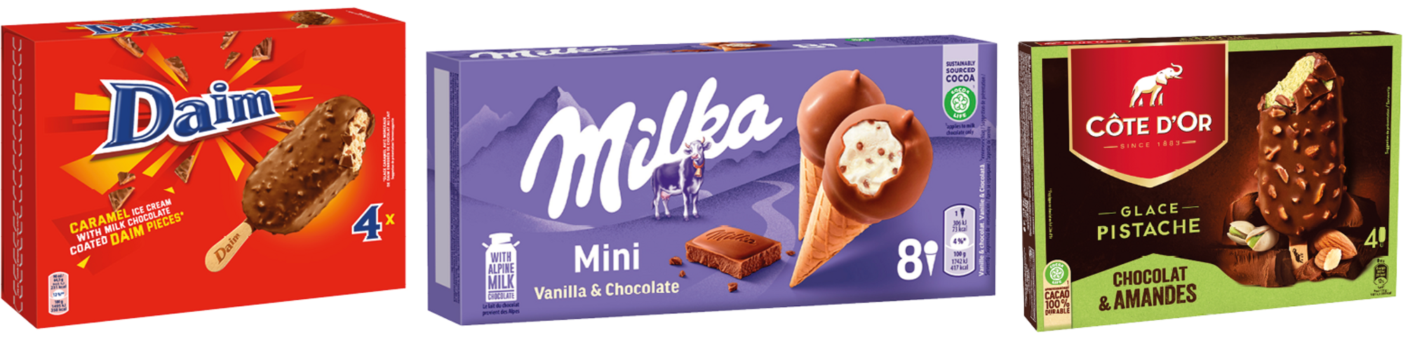 SUR LES PRODUITS PRÉSENTS EN MAGASIN DE LA GAMME MINI CÔNES, BÂTONNETS ET MINI BÂTONNETS DE "CÔTE D'OR", "DAIM" ET "MILKA"