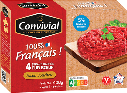 4 STEAKS HACHÉS 
PUR BœUF 
FAÇON BOUCHÈRE 
SURGELÉS
5% Mat.Gr.