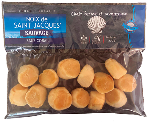 NOIX DE SAINT JACQUES* SAUVAGES
SANS CORAIL CALIBRE 20/40 SURGELÉES