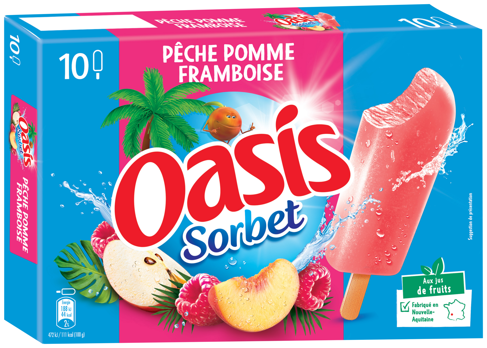 10 bâtonnets glacés sorbet pêche pomme framboise