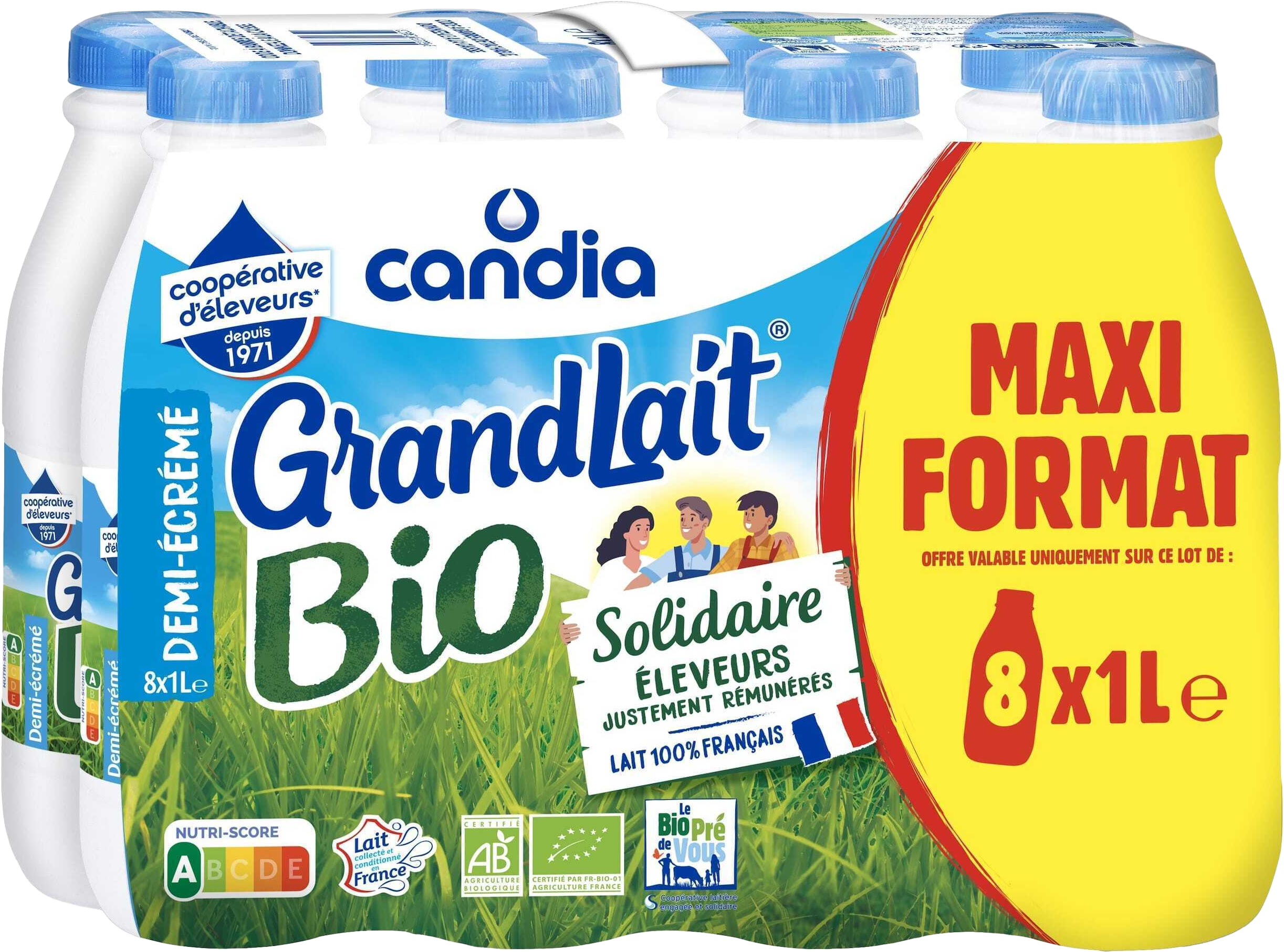 GRANDLAIT UHT BIO
DEMI-ÉCRÉMÉ MAXI FORMAT