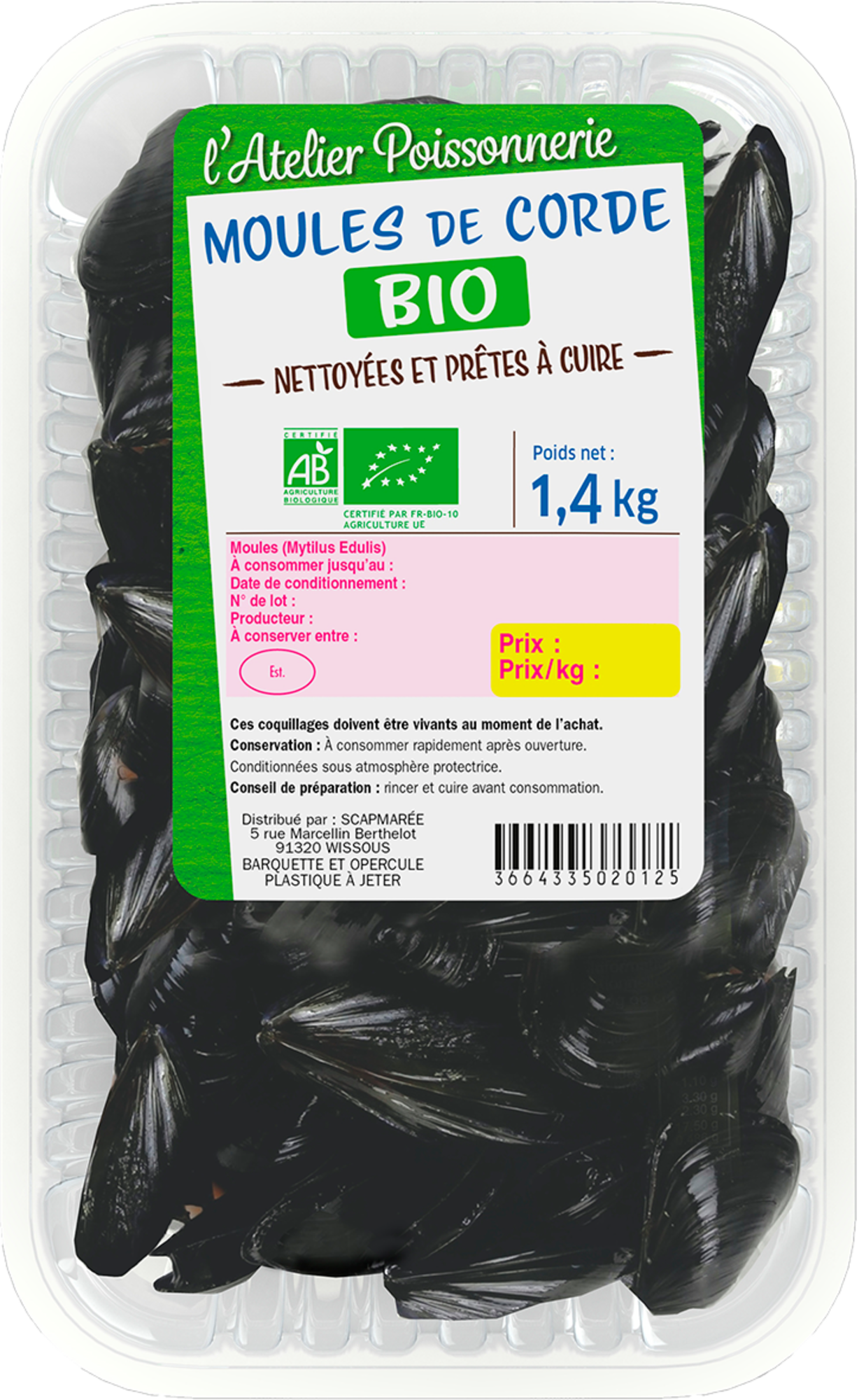 MOULES (MYTILUS EDULIS) DE CORDE BIO NETTOYEES ET PRETES A CUIRE