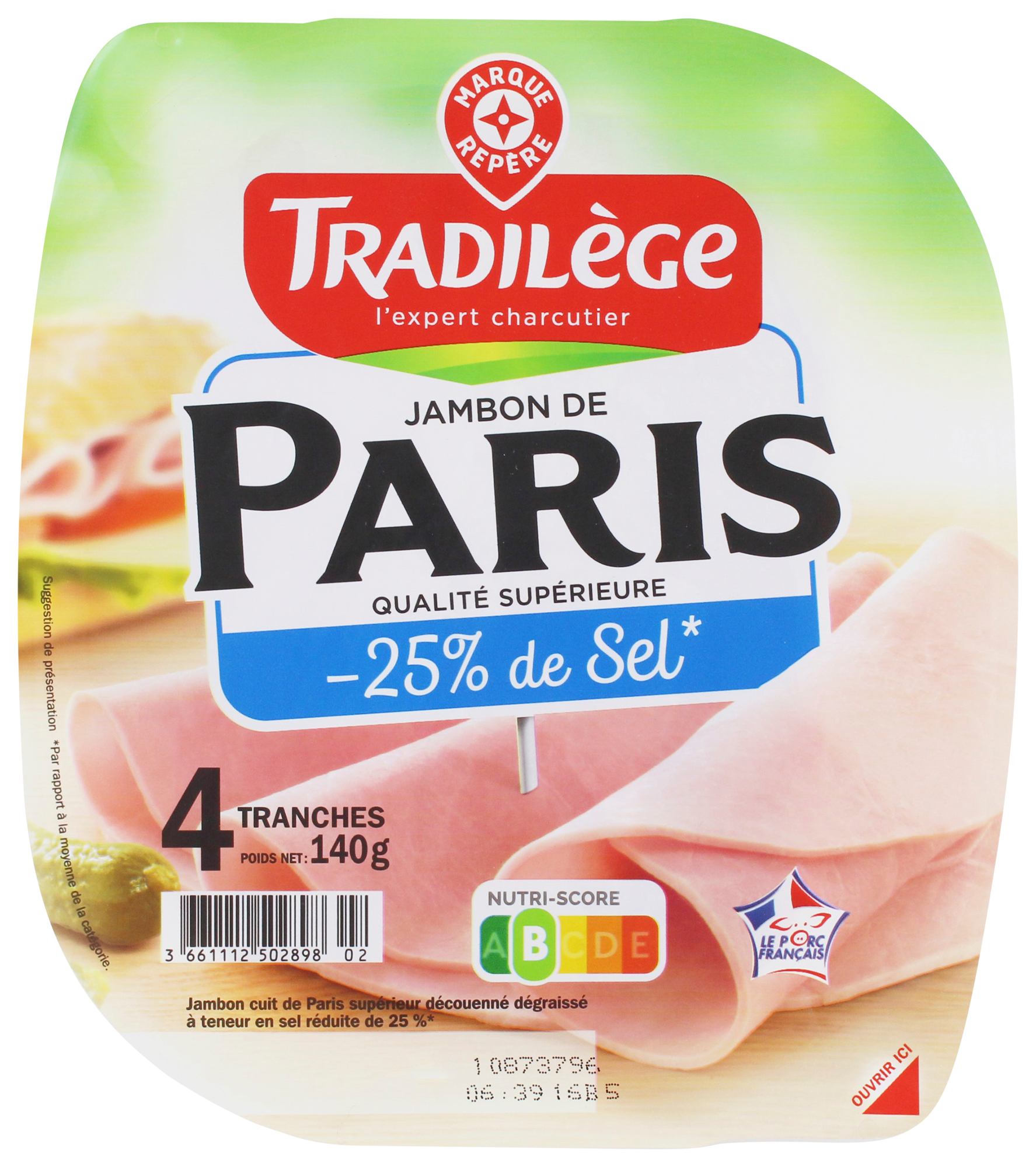 JAMBON DE PARIS DE QUALITÉ SUPÉRIEURE DÉCOUENNÉ ET DÉGRAISSÉ -25% DE SEL