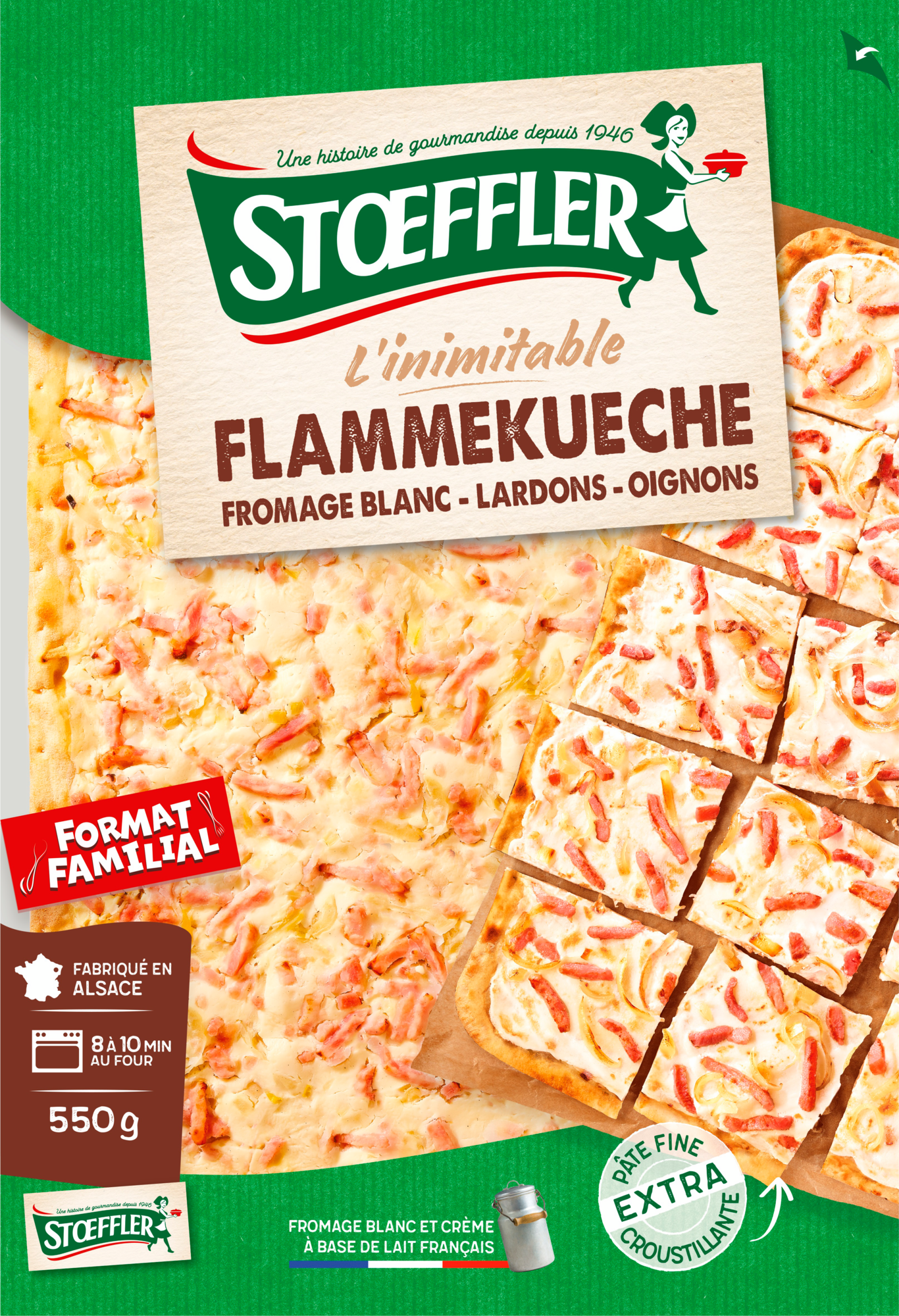 Flammekueche fromage blanc, lardons, oignons Format familial