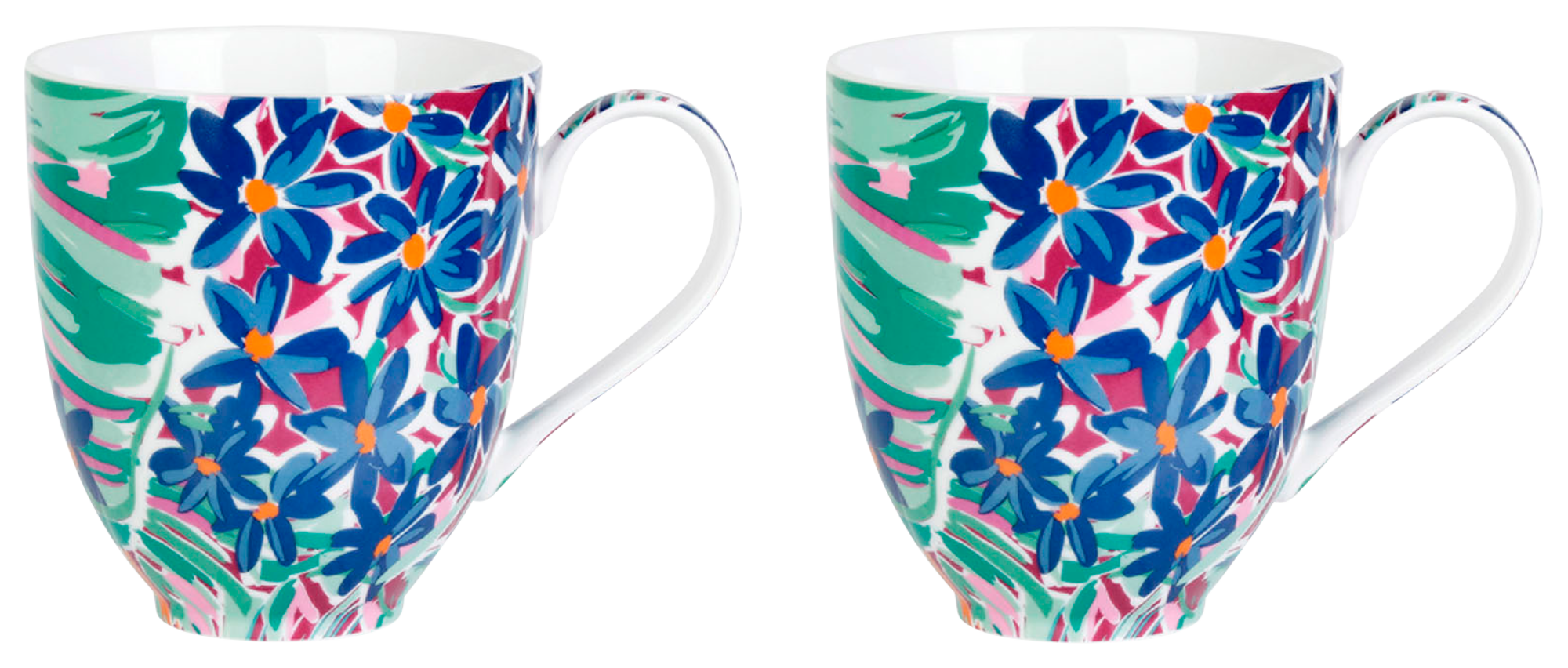 LOT DE 2 MUGS 35CL PORCELAINE + BOITE COFFRET MOTIF FLEUR BLEU GENEVIEVE LETHU