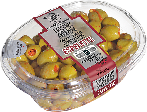 OLIVES VERTES DÉNOYAUTÉES AU PIMENT D’ESPELETTE