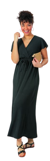 ROBE LONGUE MANCHES COURTES ENCOLURE EN V CEINTURE NOUÉE