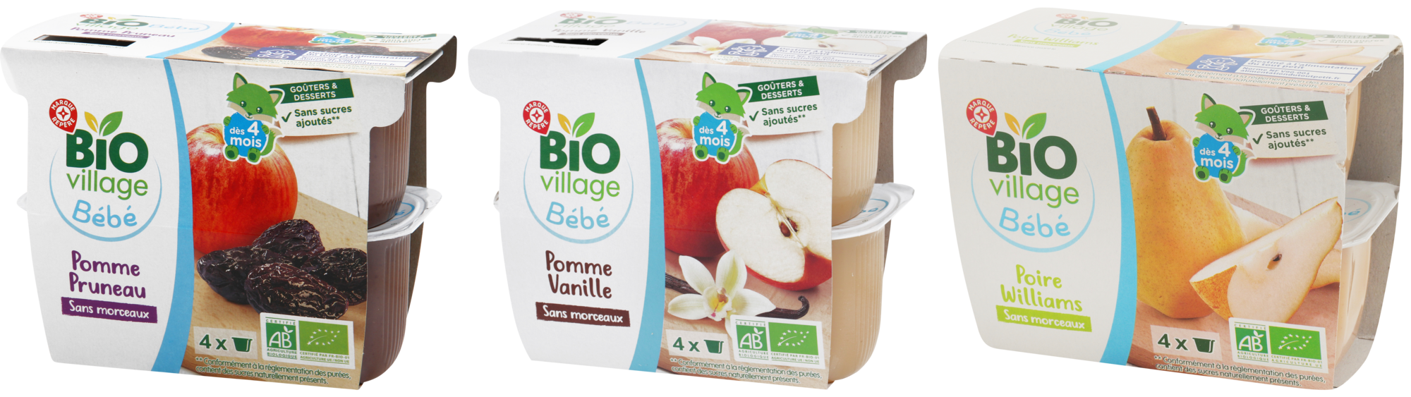 SUR LES PRODUITS PRÉSENTS EN MAGASIN DE LA GAMME PURÉE DE FRUITS BIO POUR BÉBÉ "BIO VILLAGE BÉBÉ"